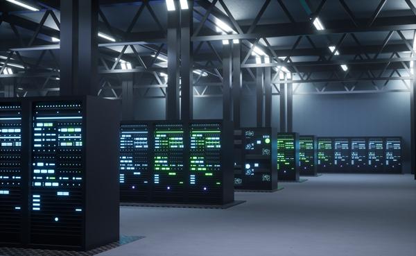 Server racks in a data center with blue and green indicator lights