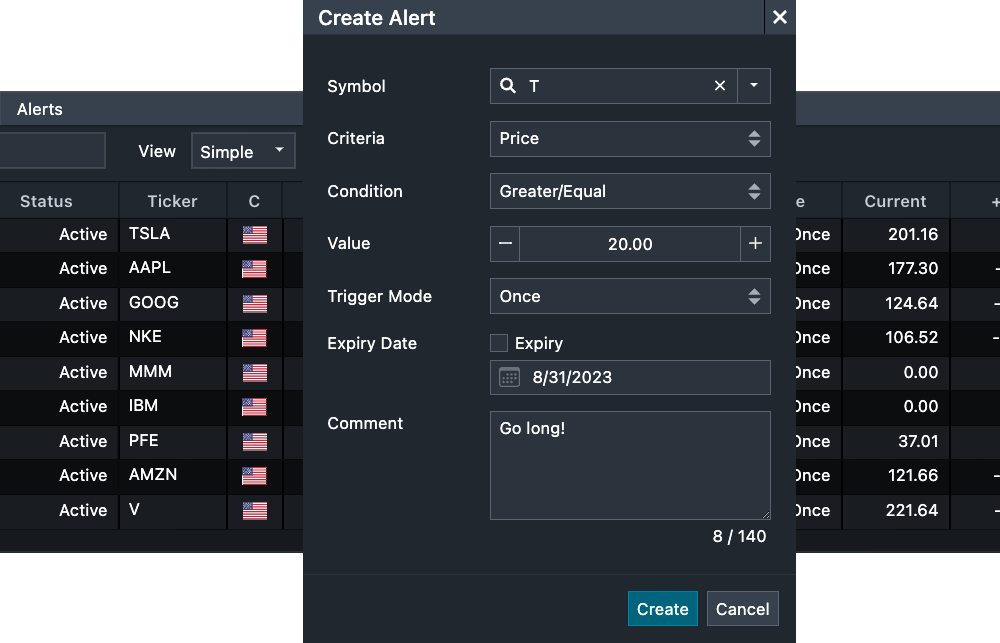 Risk alerting interface with a create alert dialog over market data